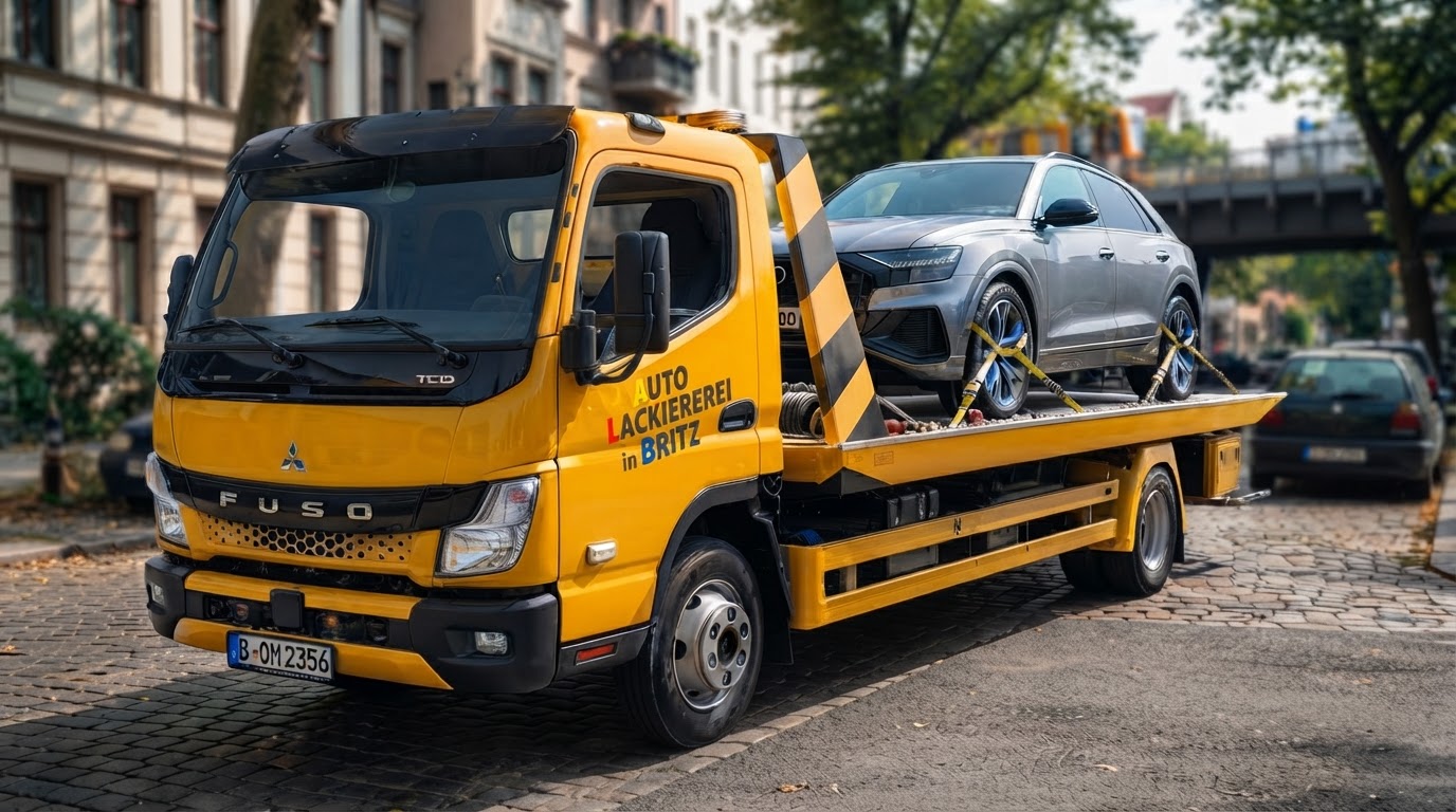Abschleppfahrzeug der Autolackiererei in Britz transportiert ein Fahrzeug