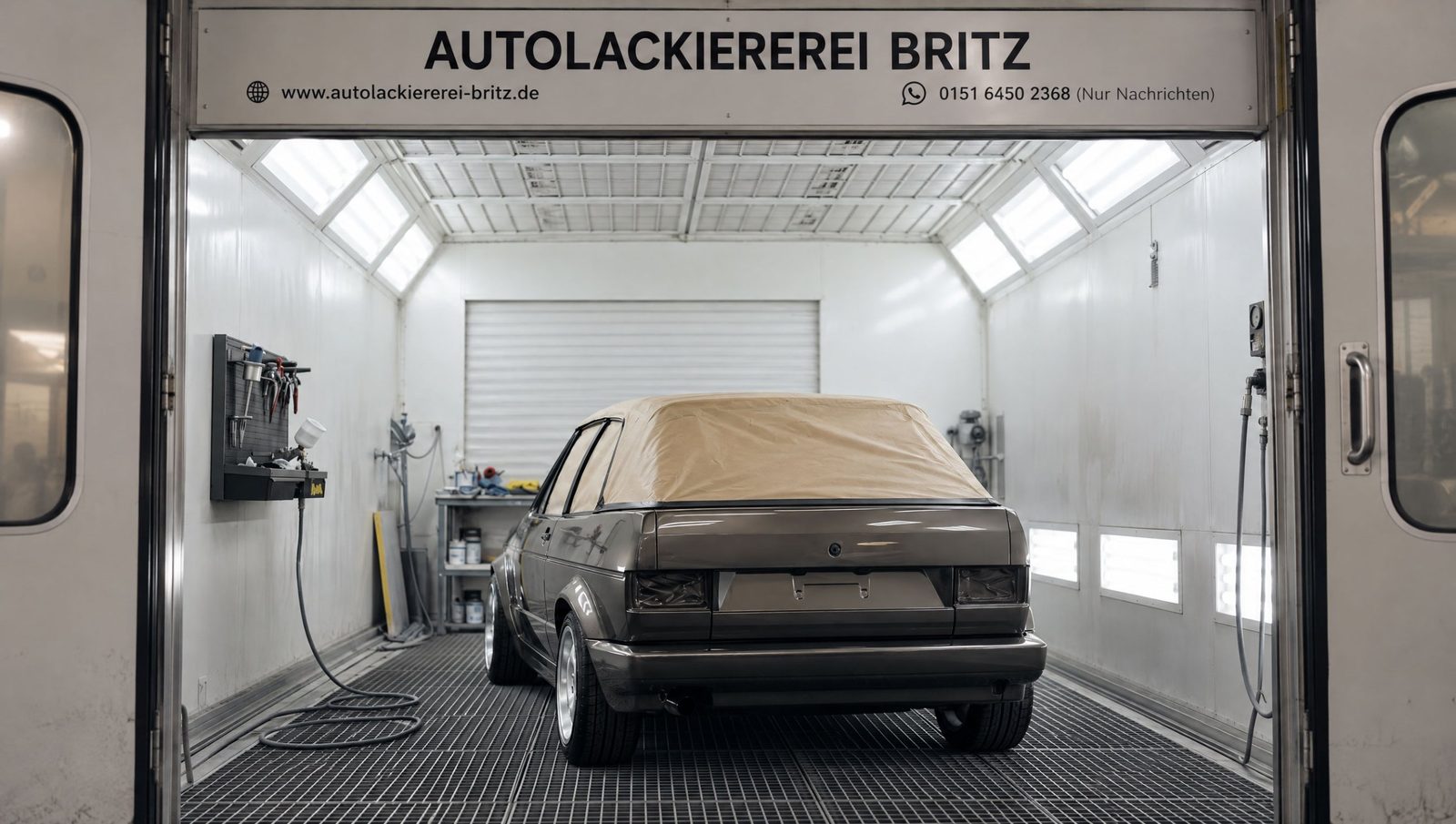 Fahrzeug in der Lackierkabine der Autolackiererei in Britz